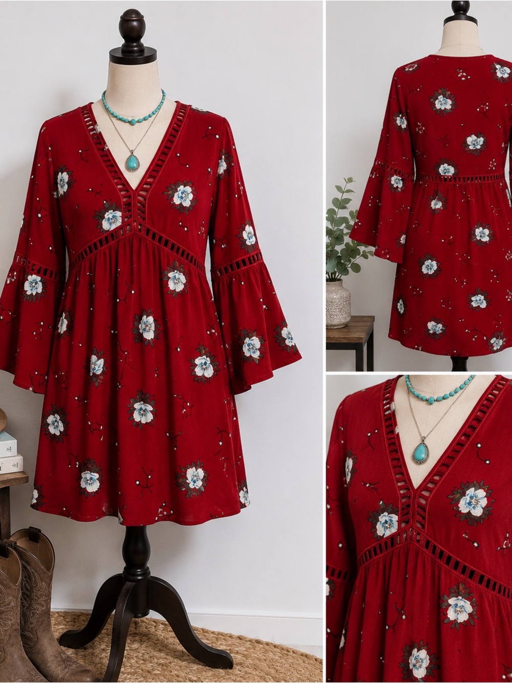 Entro Small Red Floral Boho Mini Dress Bell Sleeve Crochet Lace V Neck